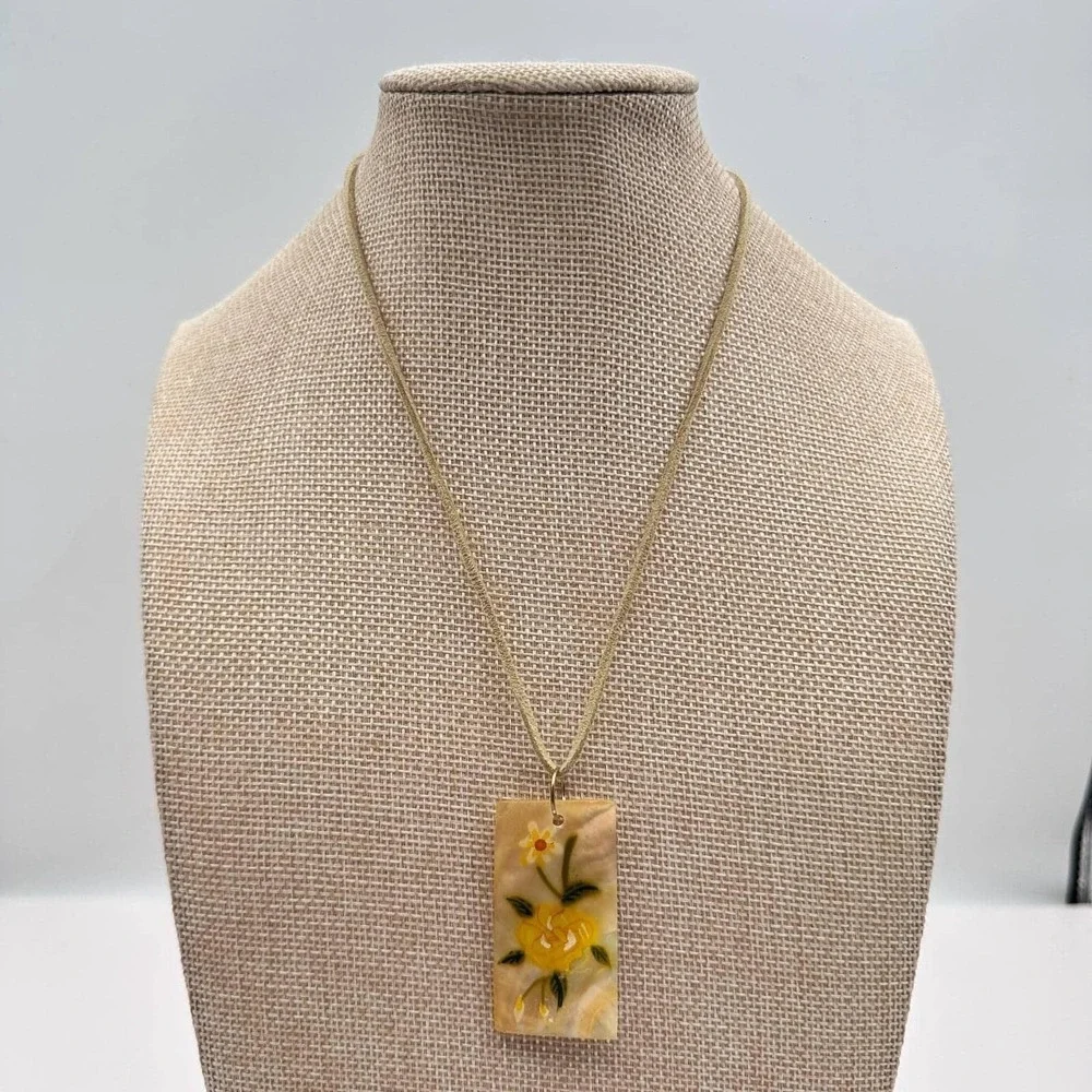 Vintage 90s Mother of Pearl Shell Hand Painted Yellow Rose Pendant Cord Necklace
